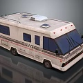 White RV With Blue Windows Roof Vents Red Marker Lights And WI Logo