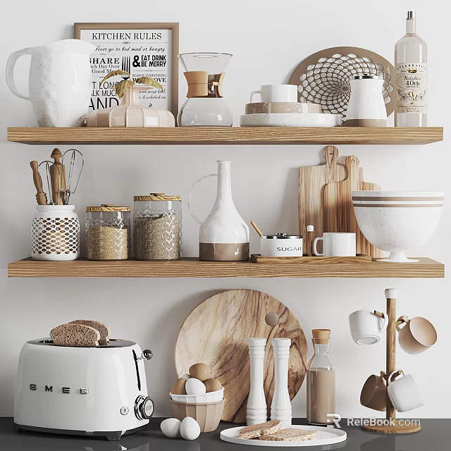 Organized Modern Kitchenware Display On Wooden Shelves With Jars Bowls Mugs And Cutting Boards 3d model 