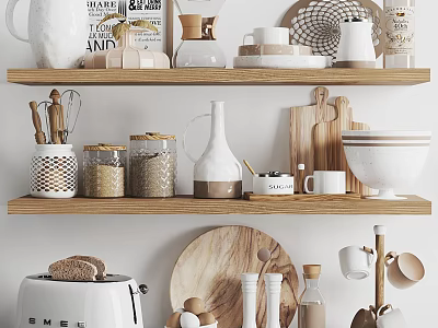 Organized Modern Kitchenware Display On Wooden Shelves With Jars Bowls Mugs And Cutting Boards 3d model