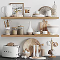 Organized Modern Kitchenware Display On Wooden Shelves With Jars Bowls Mugs And Cutting Boards