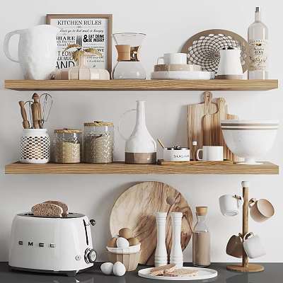 Organized Modern Kitchenware Display On Wooden Shelves With Jars Bowls Mugs And Cutting Boards 3d model