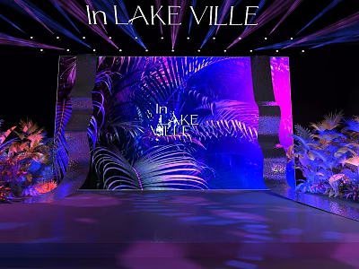 Stunning Floral Installation In Lake Ville With Tropical Plant Backdrop And Purple Blue Lighting 3d model