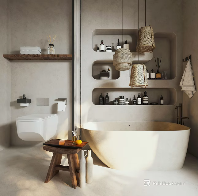 Neutral Toned Modern Bathroom Interior With Freestanding Bathtub Built-in Shelves Toiletries And Woven Pendant Lights 3d model 