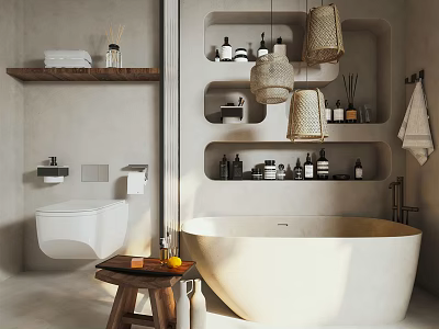Neutral Toned Modern Bathroom Interior With Freestanding Bathtub Built-in Shelves Toiletries And Woven Pendant Lights 3d model