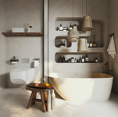 Neutral Toned Modern Bathroom Interior With Freestanding Bathtub Built-in Shelves Toiletries And Woven Pendant Lights 3d model