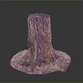 Natural Wooden Tree Stump With Green Moss And Fallen Leaves Base