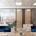 Public Office Space with Company Logo White Wall Glass Partition Office Desks Chairs Wooden Flooring
