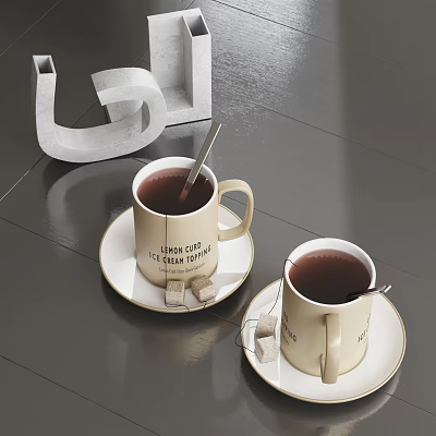 Two Ceramic Mugs With Tea And Spoons On Saucers With Sugar Cubes 3d model