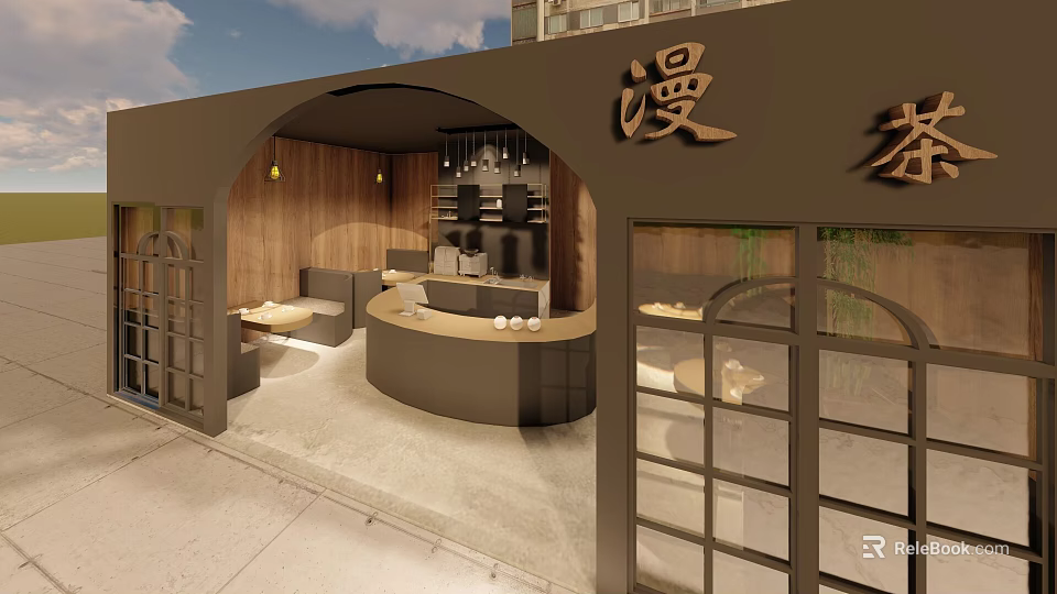 Cozy Cafe Interior Design With Arched Entrance Wooden Counter And Tables 3d model 