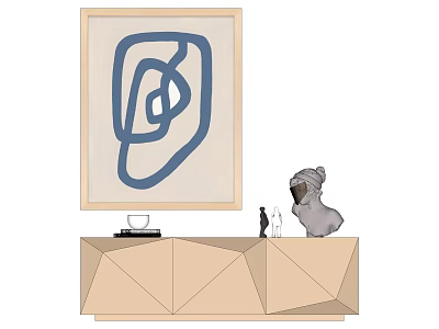Geometric Cabinet Display With Abstract Blue Line Art Sculpture And Decorative Items 3d model