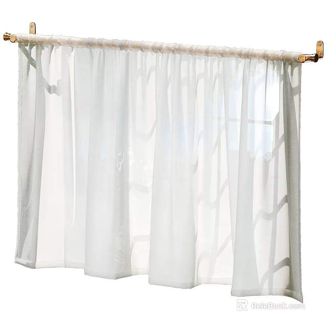 White Sheer Curtains Hanging On Wooden Rod For Modern Home Interior 3d model 
