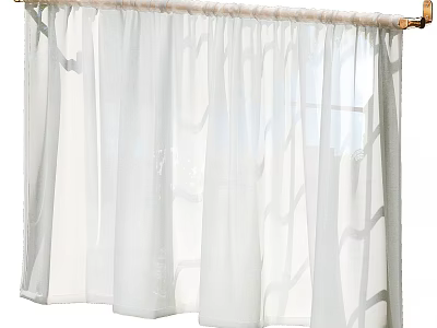 White Sheer Curtains Hanging On Wooden Rod For Modern Home Interior 3d model