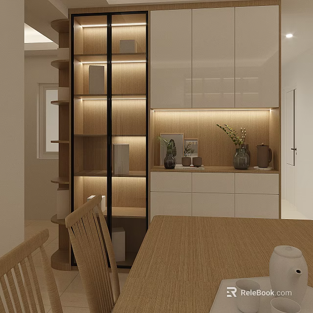 Modern Wooden Sideboard With Built In Lighting And Decorative Vases In Dining Room 3d model 