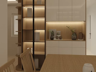 Modern Wooden Sideboard With Built In Lighting And Decorative Vases In Dining Room 3d model
