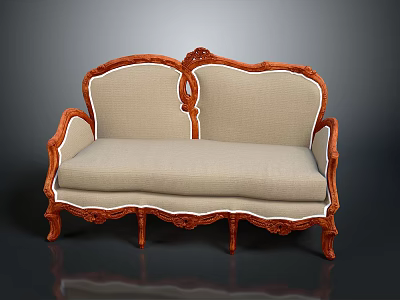 Classic Carved Wooden Sofa With Red Frame And Beige Upholstery Design 3d model