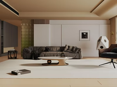 Modern Living Room Interior With Dark Leather Sofa Coffee Table White Rug And Wall Art 3d model