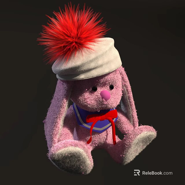 Pink Rabbit Doll Wearing White Hat With Red Pom Pom And Blue Scarf 3d model 