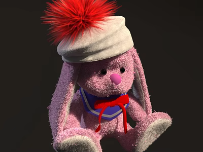 Pink Rabbit Doll Wearing White Hat With Red Pom Pom And Blue Scarf 3d model