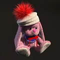 Pink Rabbit Doll Wearing White Hat With Red Pom Pom And Blue Scarf