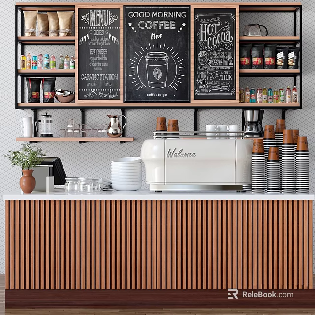 Commercial Coffee Shop Equipment With Valiance Machine Chalkboard Menu And Wooden Counter 3d model 