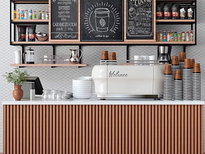 Commercial Coffee Shop Equipment With Valiance Machine Chalkboard Menu And Wooden Counter 3d model