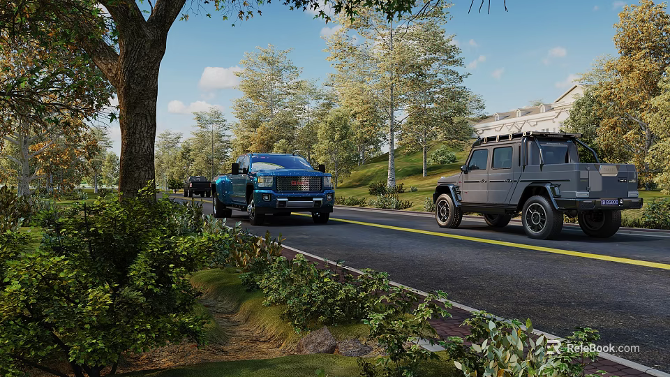 Picturesque Scenic Suburban Road Lined With Lush Green Trees Under Bright Sunny Blue Sky 3d model 