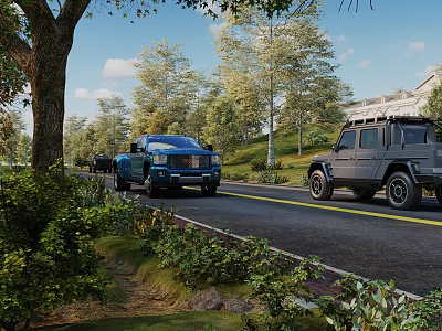 Picturesque Scenic Suburban Road Lined With Lush Green Trees Under Bright Sunny Blue Sky 3d model