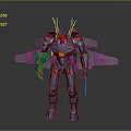 Blue Mechanical Robot With Winged Armor Red Core And Sword Weapon 3d model