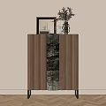 Modern Console Cabinet With Vertical Slats Wooden Panel Metal Legs And Decorative Vase
