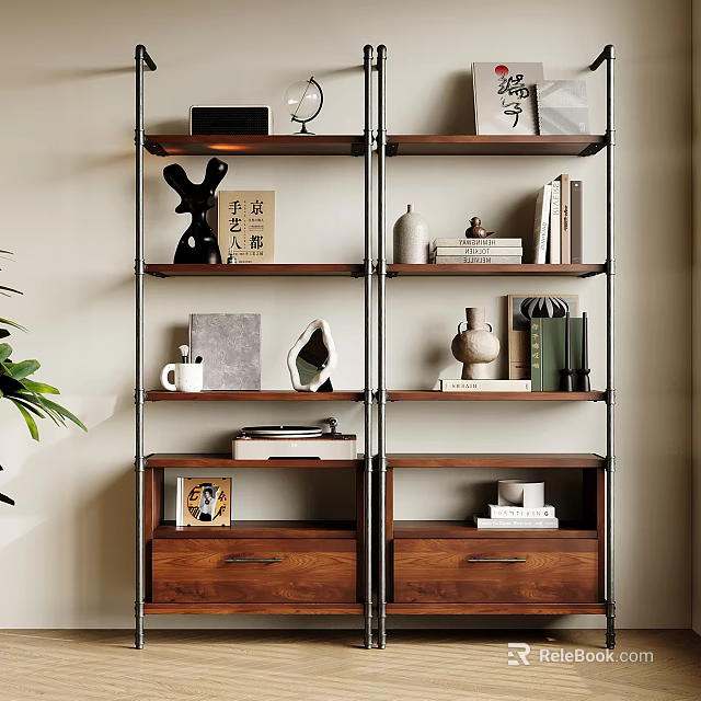 Modern Wooden Shelving Unit With Decorative Items Books And Storage Drawers 3d model 