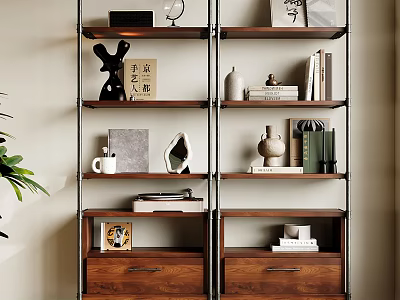 Modern Wooden Shelving Unit With Decorative Items Books And Storage Drawers 3d model