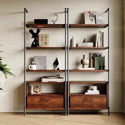 Modern Wooden Shelving Unit With Decorative Items Books And Storage Drawers 3d model