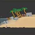 Tropical Beach Landscape with Palm Trees Sand Water Barrels Small Pyramid and Stones
