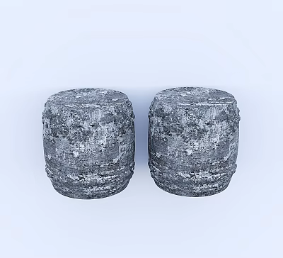 Two Gray Drum Shaped Stools With Textured Stone Like Surface On White Background 3d model