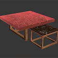 Square Brown Wooden Table With Marble Texture Top And Matching Stool For Modern Living Space