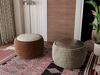 Handwoven Round Stools With Soft Cushions On Traditional Patterned Rug 3d model