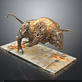 Leaping Industrial Bull Sculpture Crafted From Mechanical Gears Chains And Metal Base
