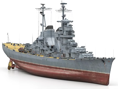 Vintage Battleship With Detailed Superstructure And Tall Masts Gray Hull Red Bottom And Deck Equipment 3d model