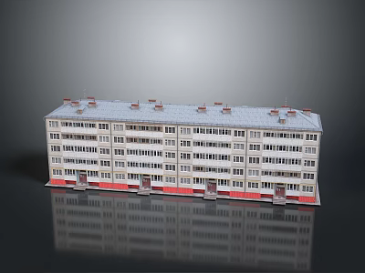 3D Rendered Apartment Building Model With White Exterior Red Base Gray Roof And Multiple Windows 3d model