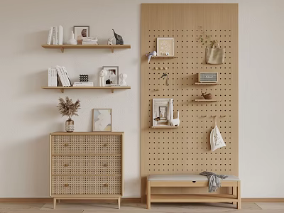 Light Wood Entryway Cabinet and Side Cabinet with Rattan Drawers Shelves Pegboard Bench and Decor 3d model