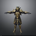 Man in Ornate Gold and Blue Armor with Mythical Beast Headpiece Arms Outstretched