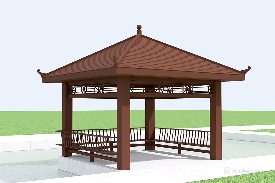 Traditional Wooden Pavilion Structure With Brown Roof Carved Railings And Benches 3d model 