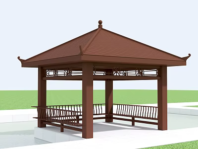 Traditional Wooden Pavilion Structure With Brown Roof Carved Railings And Benches 3d model