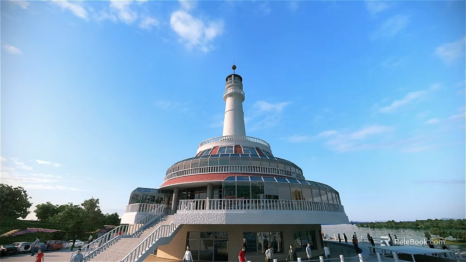 Scenic White Lighthouse With Circular Base Staircase And People Under Blue Sky White Clouds 3d model 