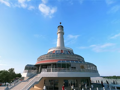 Scenic White Lighthouse With Circular Base Staircase And People Under Blue Sky White Clouds 3d model