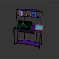 Gaming Computer Desk With Purple LED Lighting Laptop Digital Graphics And Speakers On Shelves