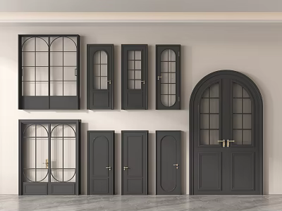 Multiple Dark Hinged Doors With Glass Panels And Arched Designs On Wall 3d model