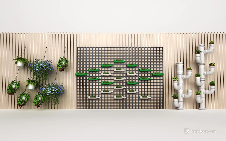 Vertical Grid Wall With Hanging Bonsai Potted Plants And Pipe Planters On Wooden Panels 3d model 