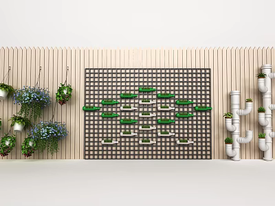 Vertical Grid Wall With Hanging Bonsai Potted Plants And Pipe Planters On Wooden Panels 3d model