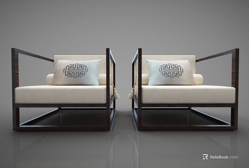 Modern Two Single Sofas With Wooden Frame Beige Cushions And Decorative Pillows 3d model